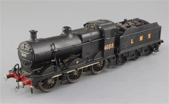 A scratch built O gauge 0-6-0 tender locomotive, number 4153, LMS black livery, 3 rail with skate, overall 37c,